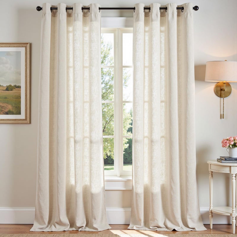 jinchan 108 inch Curtains Flax Linen Blend Semi Sheer Light Glare Filtering Extra Long Drapes for Living Room Dining Doorway Farmhouse Office Sunroom, Natural Beige, Wide 50" by Long 108", 2 Panels - Image 1